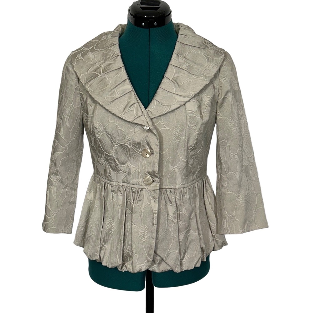 J. Jill Peplum‎ Blazer Floral Jacquard 4P Champagne Silver Shawl Collar Elegant